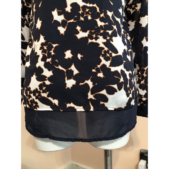 The Limited Navy Blue Orange Long Sleeve Floral V Neck Blouse Lined Small - Picture 6 of 9